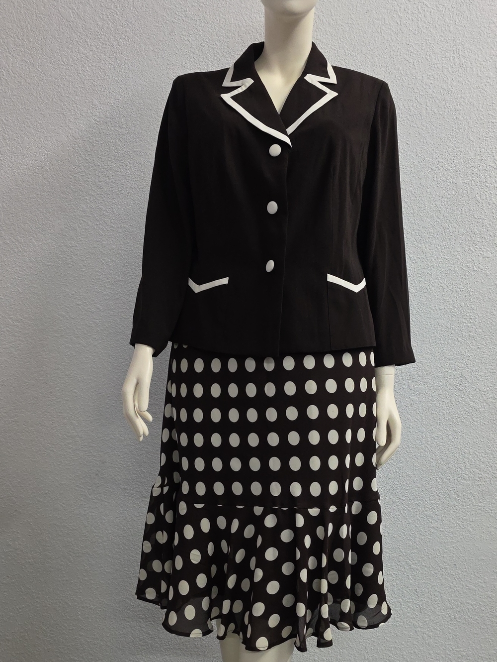 Dress Barn Woman 2-Piece Polka Dot Skirt Suit Set Brown White Size 16W